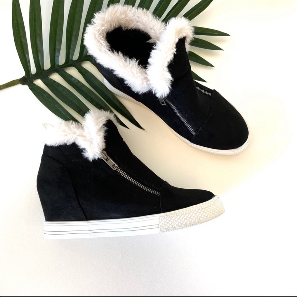 Jolimall | Faux Fur Trimmed Wedge Booties
